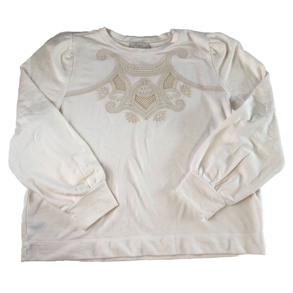 LOFT Women’s Embroidered Eyelet Sweatshirt Cream Puff Sleeve Crewneck XXL NWT